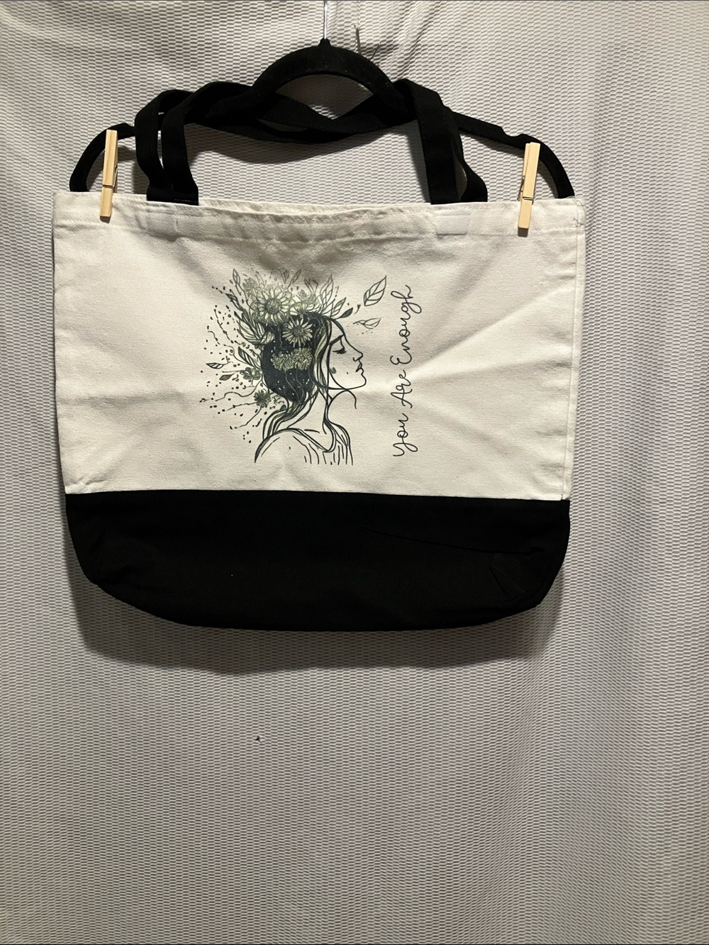 Canvas Two-Tone Floral Profile Tote Bag - Black & White - Picture 1 of 6